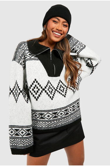 Half Zip Aztec Print Oversized Jumper - ivory