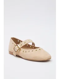 Beige Suede Eyelet Detail Buckled Almond Toe Women's Ballerina - 3