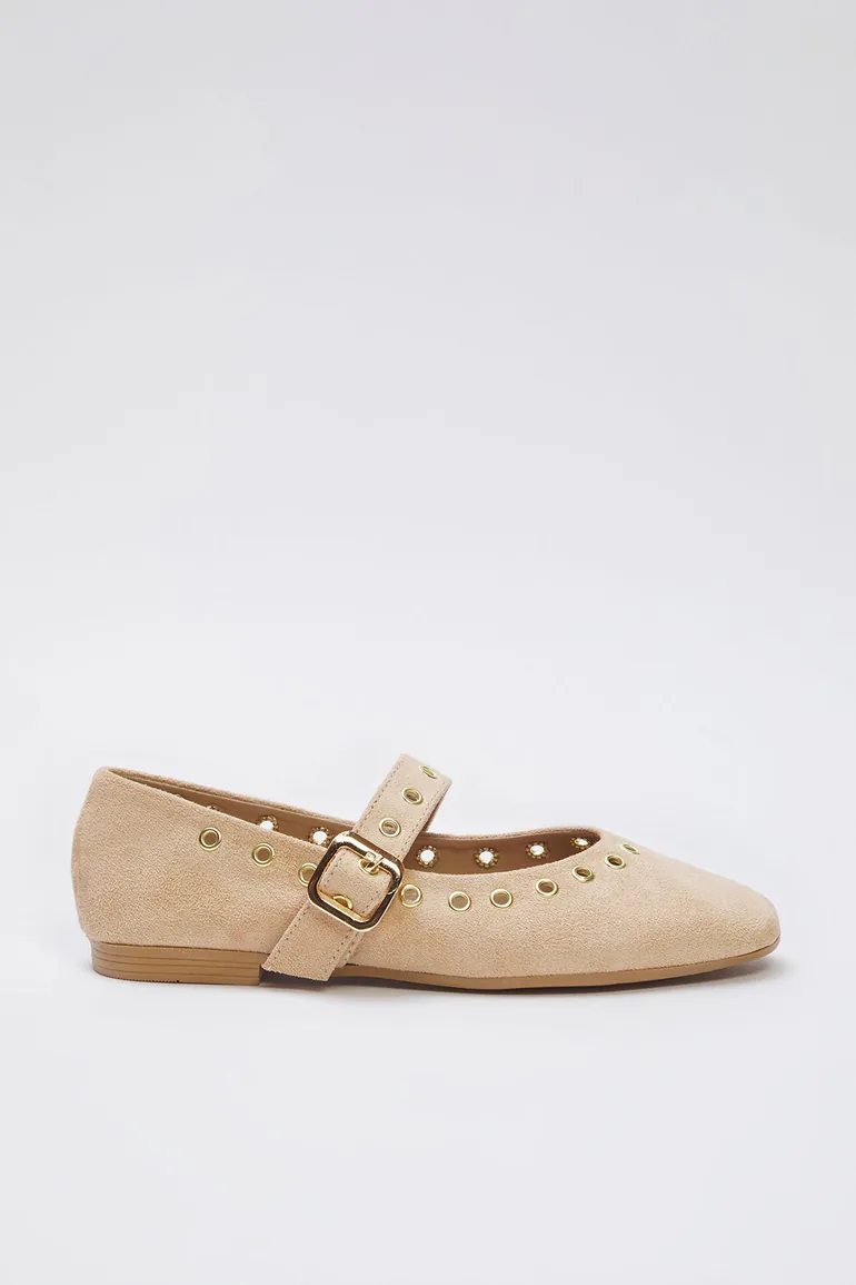 Beige Suede Eyelet Detail Buckled Almond Toe Women's Ballerina - 4