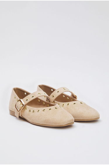 Beige Suede Eyelet Detail Buckled Almond Toe Women's Ballerina