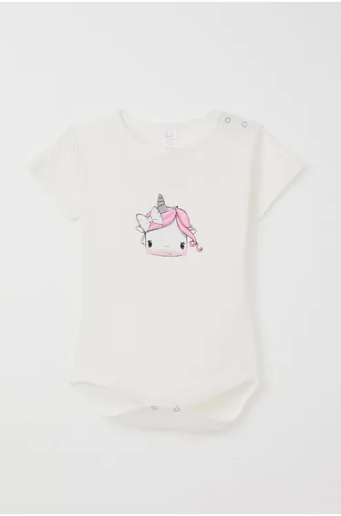 Baby Girl Snap-Button Bodysuit with Unicorn Print, Ecru