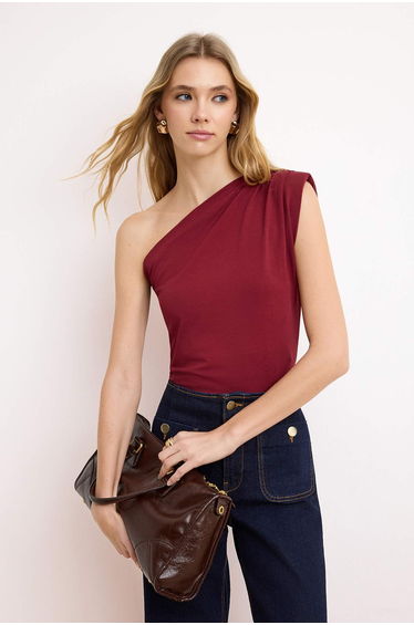 Burgundy Asymmetric One Shoulder Shoulder Pad Pack Stretchy Knitted Blouse