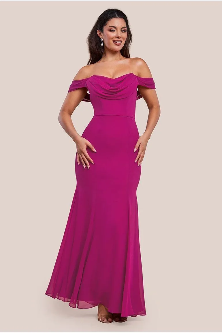 Shop Goddiva Chiffon Bardot Cowl Neck Maxi Dress Online in Qatar