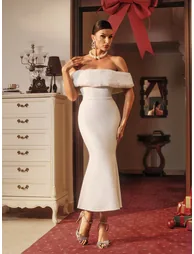 فستان فرو صناعي بنمط شرائح بأكتاف مكشوفة - 3