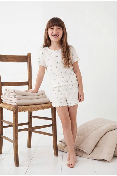 Ecru Ruffled Girls' Knitted Pajama Set