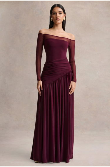 Luminary | Dark Plum Bardot-Neck Maxi Dress With Mesh Sleeves