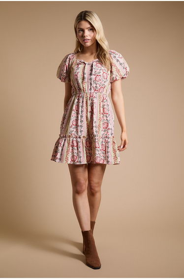 Tie Front Puff Sleeve Poplin Mini Dress