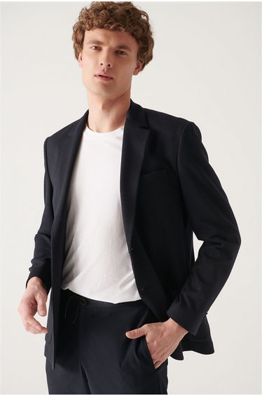 Men's Navy Blue Knitted Flexible Unlined Slim Fit Slim Fit blazer