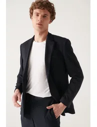 Men's Navy Blue Knitted Flexible Unlined Slim Fit Slim Fit blazer