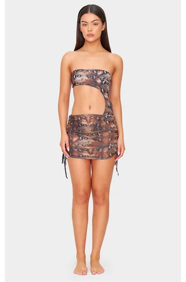 Brown Snake Print Ruched Detail Mesh Beach Skirt