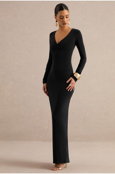 Lucina | Black V-Neck Maxi Dress With Ruched Detailing