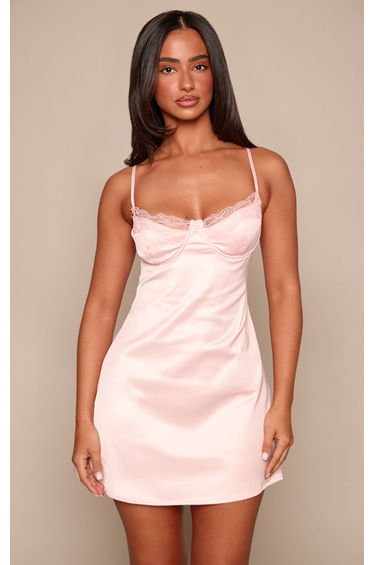 Petite Baby Pink Lace Cup Satin Strappy Shift Mini Dress