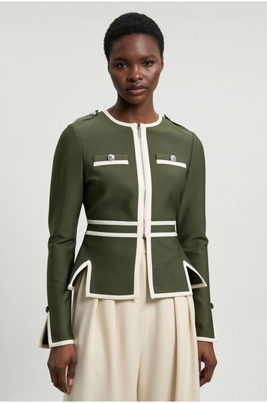 Figure Form Bandage Military Contrast Piping Knit Split Hem Jacket
