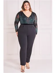 Goddiva Plus Sequin & Mesh Jumpsuit - Emerald Green