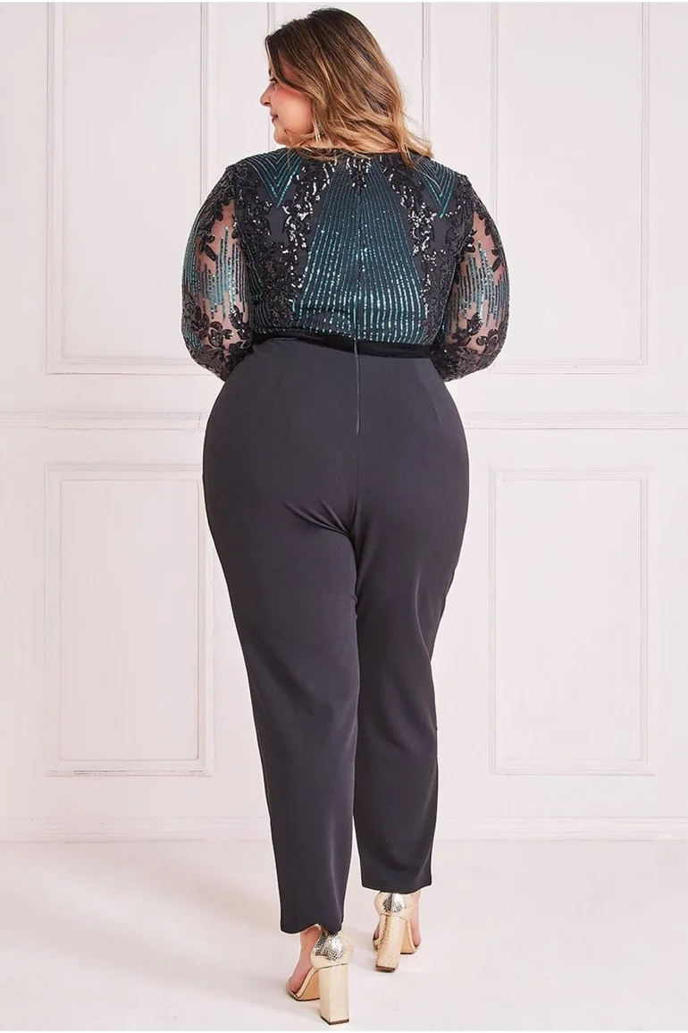 Goddiva Plus Sequin & Mesh Jumpsuit - Emerald Green - 1