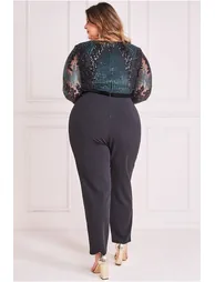 Goddiva Plus Sequin & Mesh Jumpsuit - Emerald Green - 1