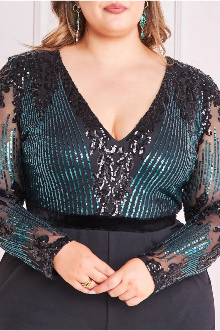 Goddiva Plus Sequin & Mesh Jumpsuit - Emerald Green - 2