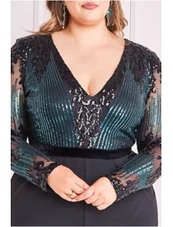 Goddiva Plus Sequin & Mesh Jumpsuit - Emerald Green - 2