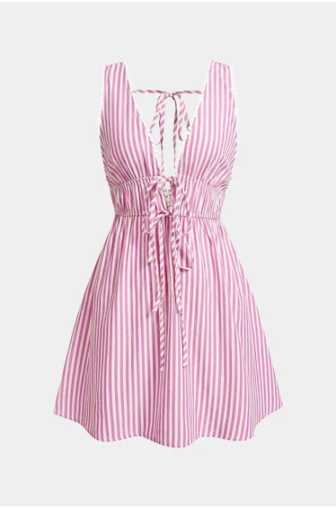 Stripe Print V-Neck Tie-Up Backless Sleeveless Mini Dress