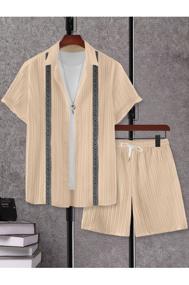 Men Beige Jacquard Detail Short Sleeve Button Front Shirt and Shorts Co-Ords