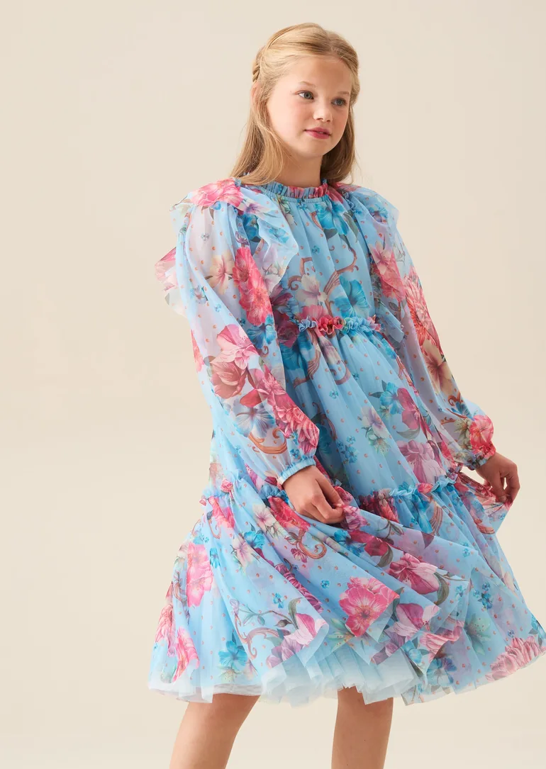Alessia Blue Floral Print Mesh Dress - 1