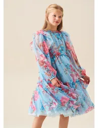 Alessia Blue Floral Print Mesh Dress - 1