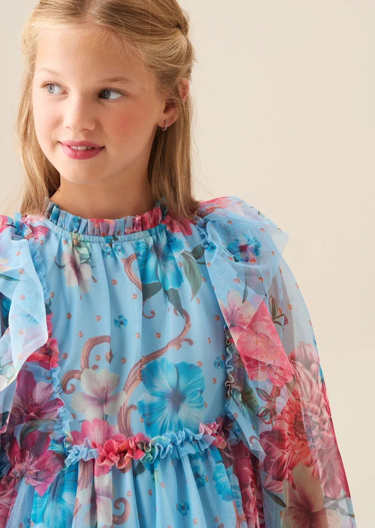 Alessia Blue Floral Print Mesh Dress - 3
