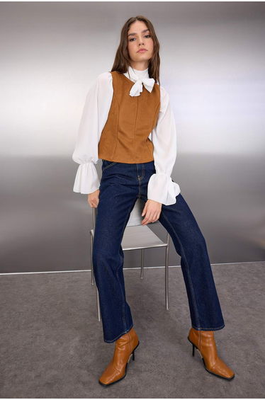 Brown Regular/Normal Pattern Suede Knitted Blouse