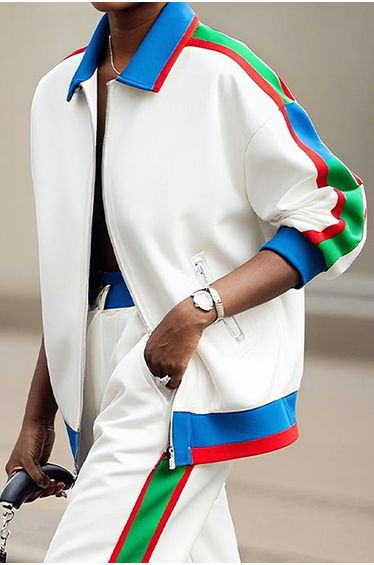 Long Sleeves Loose Contrast Color Striped Zipper Lapel Outerwear
