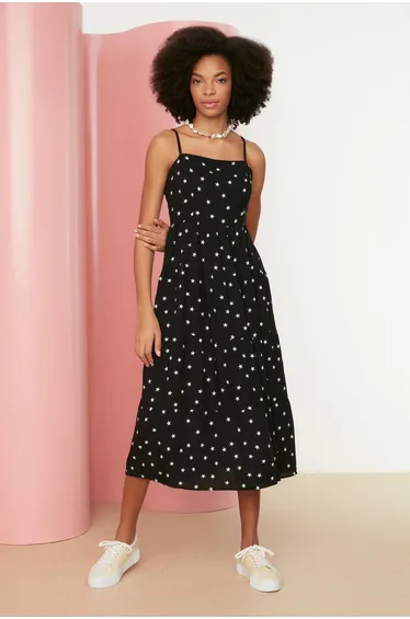 Black Pleated A-Line Midaxi Dress