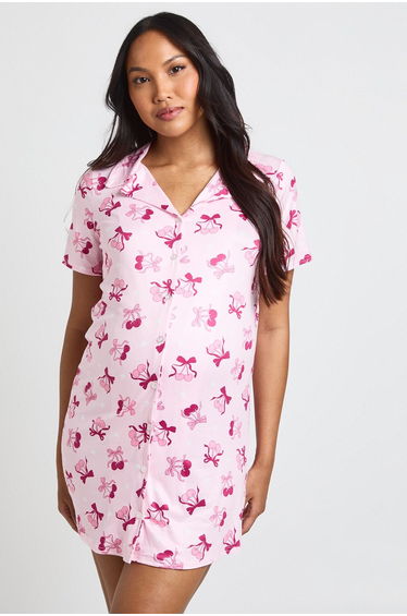 Maternity Bow Heart Print Button Through Collar Nightie