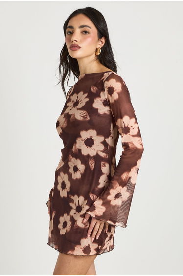 Floral Mesh Flare Sleeve Mini Dress - chocolate