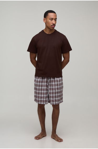 Regular Fit T-Shirt & Check Lounge Short Set - chocolate