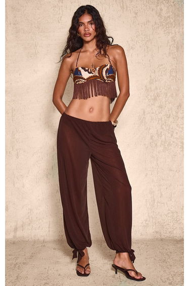 Chocolate Stretch Chiffon Tie Cuff Detail Trousers