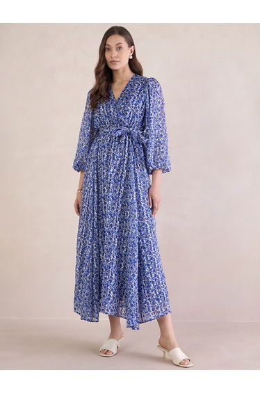 Women Blue Floral Print Wrap Maxi Dress