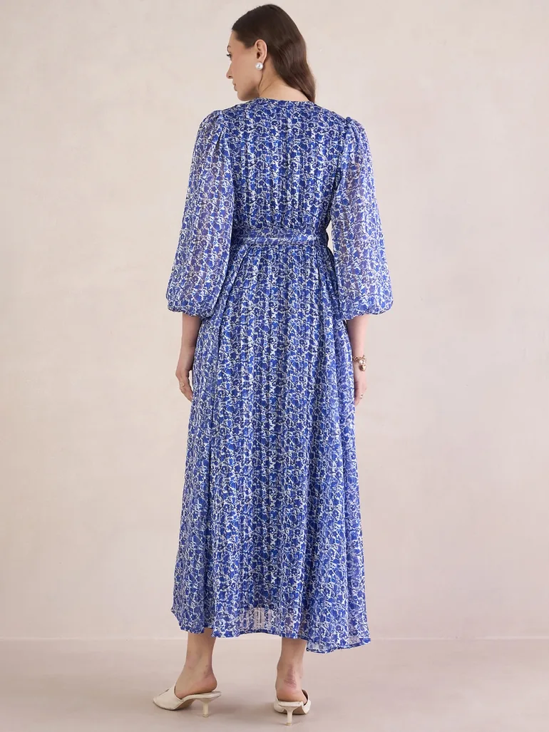 Women Blue Floral Print Wrap Maxi Dress - 2