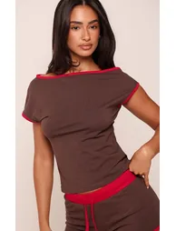 Petite Chocolate Contrast Binding Off Shoulder Fitted Top Co-ord - 1