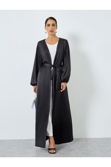 Women Black Solid Long Sleeve Stain Abaya