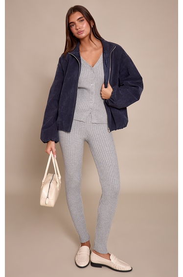 Grey Ribbed Knitted Long Sleeve Button Down Cardigan