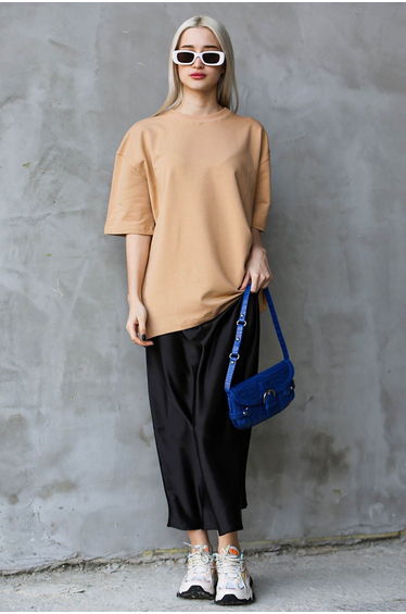 Beige Crew Neck Basic Oversize T-shirt