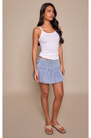Light Blue Mid Rise Pleated Denim Mini Skirt