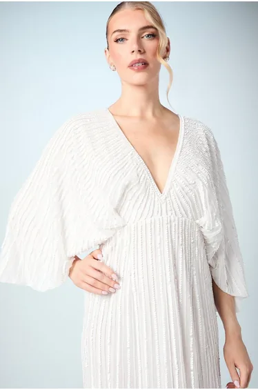 V Neck Sequin Kimono Sleeve Wedding Dress