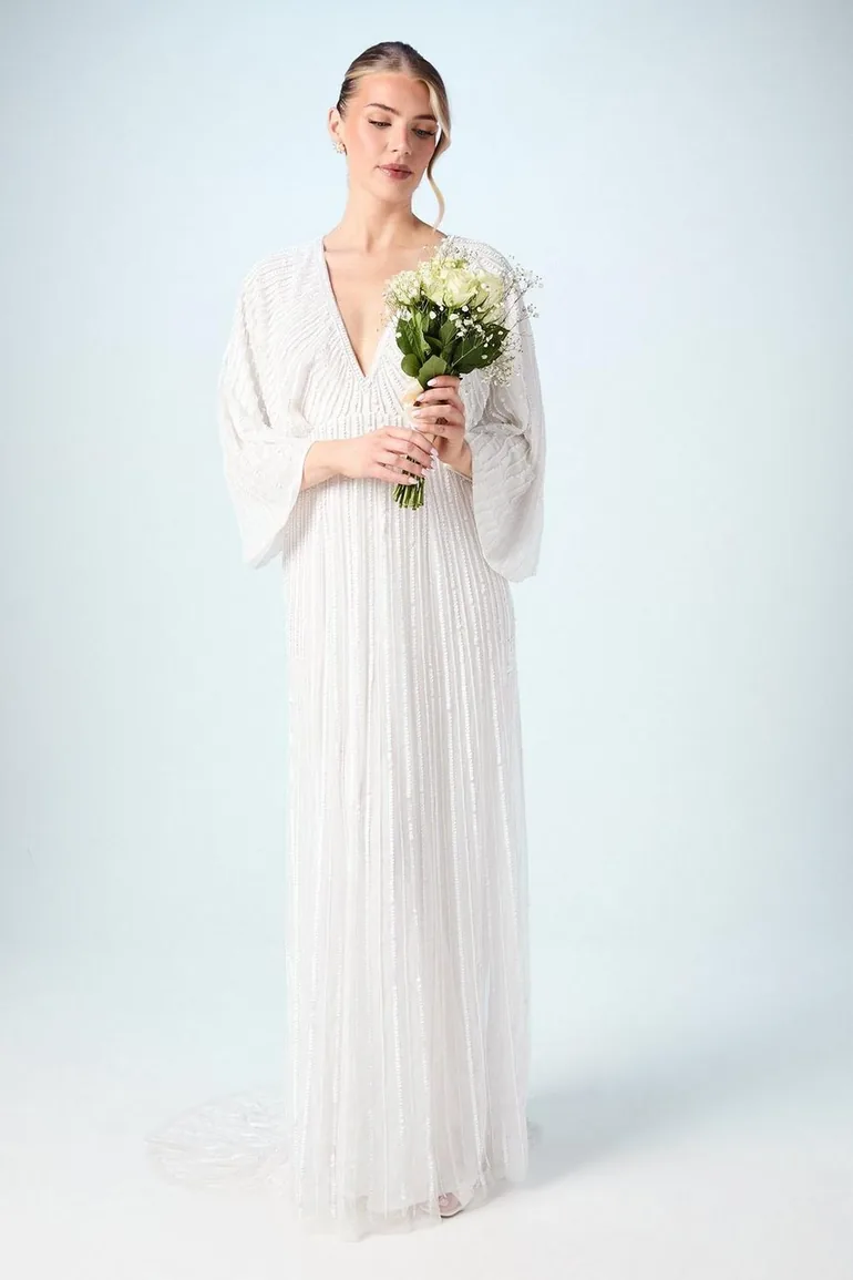 white sequin kimono dress ASOS Bridal, Ciara Sequin Kimono Sleeve New Wedding Dress Save 48%