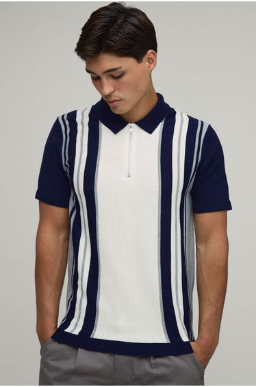 Regular Fit 1/4 Zip Striped Knitted Polo - navy