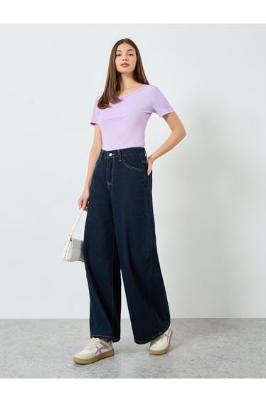 Purple Ribbed Round Neck T-Shirt
