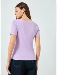 Purple Ribbed Round Neck T-Shirt - 4