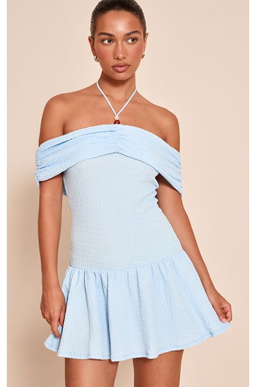 Light Blue Textured Beaded Detail Halterneck Shift Dress