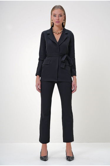 Women's Black Lined Blazer Jacket and Trousers Top and Bottom Set