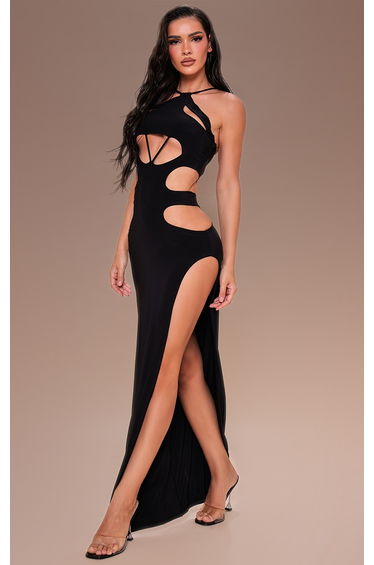 Black Slinky Halter Neck Extreme Cut Out Maxi Dress