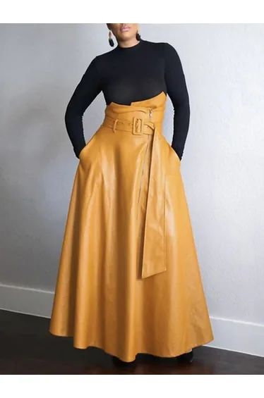 A-Line High Waisted Belted Pockets Solid Color Zipper Skirts Bottoms